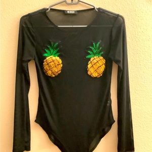 SALE! BODYSUIT GORGEOUS PINEAPPLE WITH SEQUINS BLACK FINE NET MATERIAL PARTYWEAR